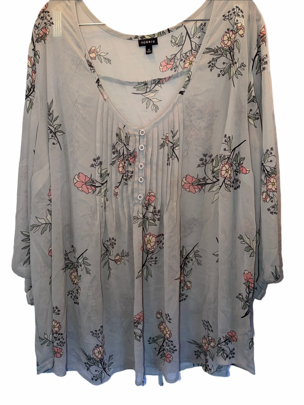 torrid Sheer Gray Floral Henley Tunic, SZ 4X, PTP 29-30”, Length 30”, (T1-375)